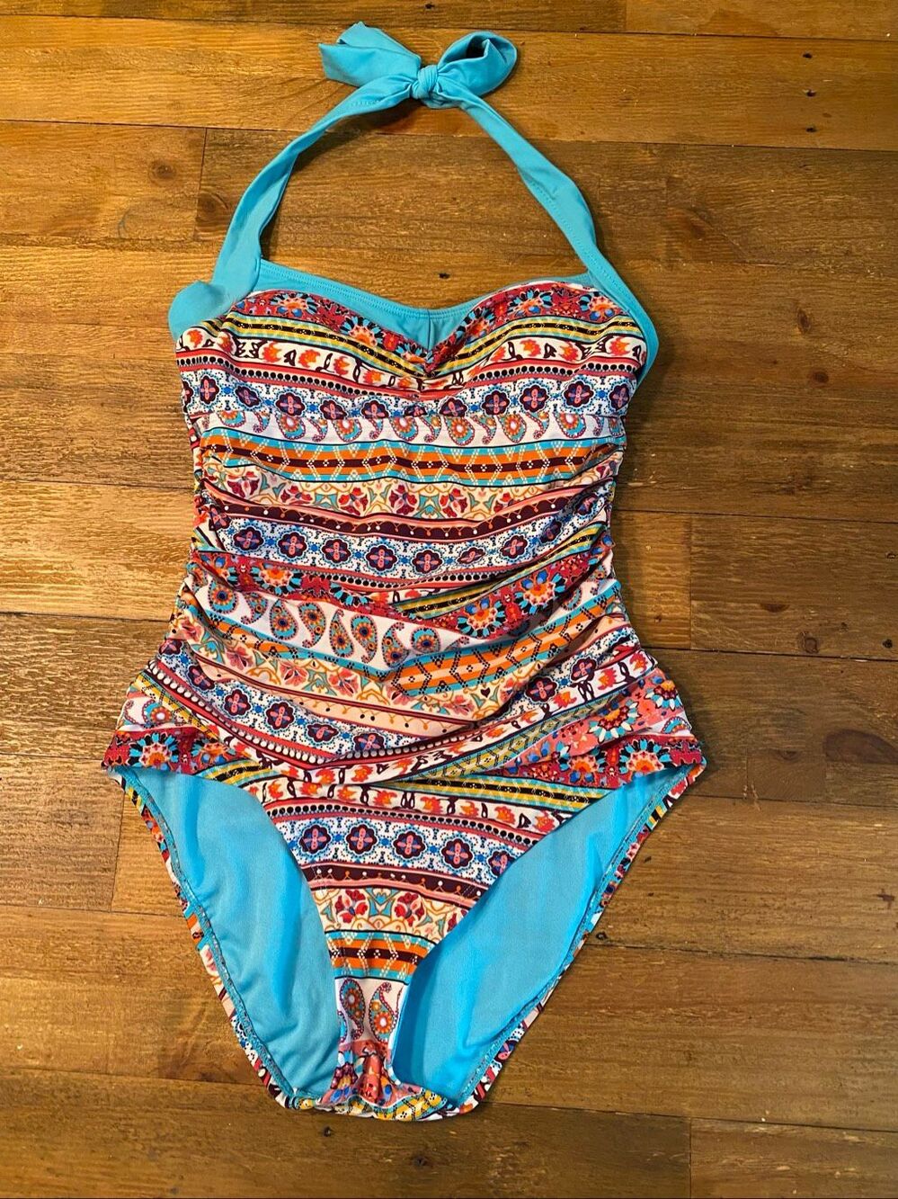 Into The Bleu by Amerex size 6 Multicolor One- Piece Halter Swimsuit blue